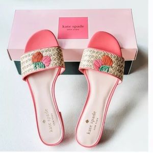Kate Spade Finefetti Flat Slide Sandals Strawberries Woven Raffia Pink | Size 8B